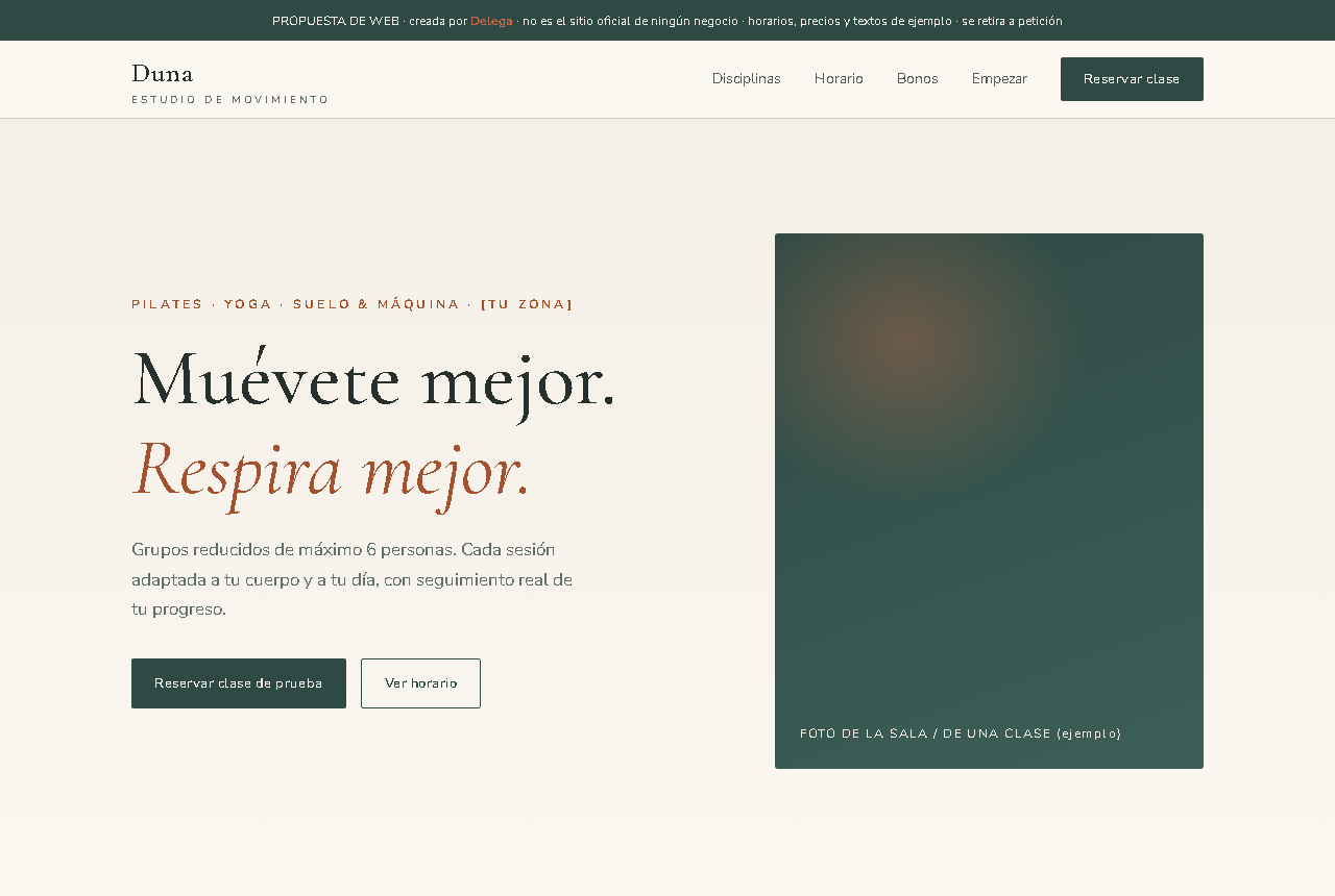 Web de demostración Estudio Duna, pilates y yoga